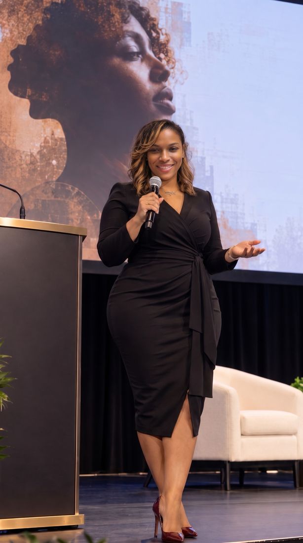 Dr. Gee presenting on stage, microphone in hand