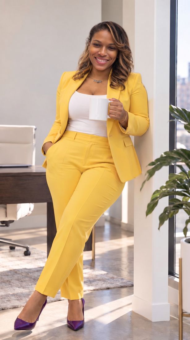 Dr. Gee in a yellow suit holding a coffee mug