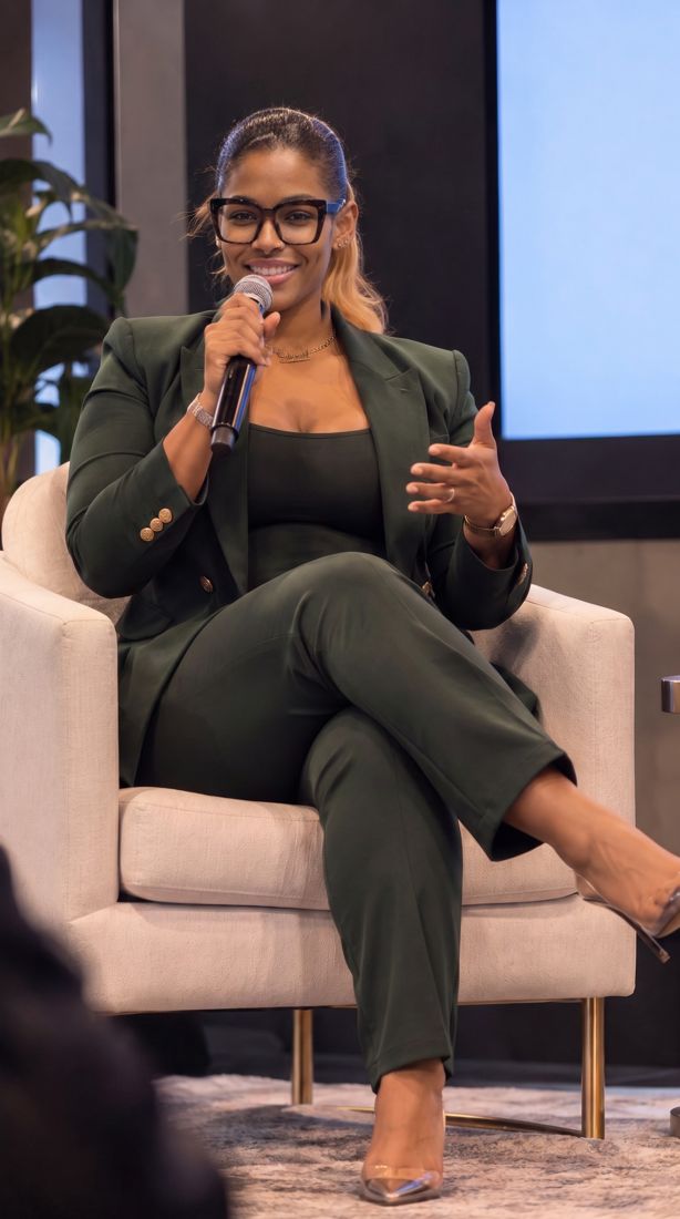 Dr. Gee seated on a panel in a green suit, speaking into a microphone