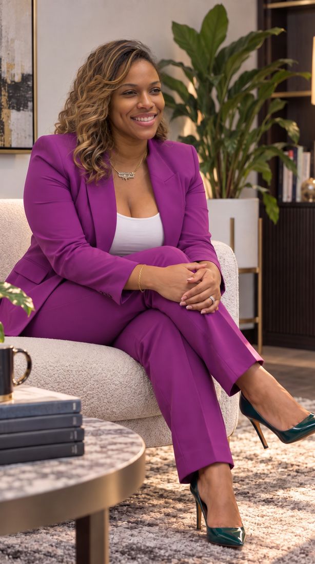 Dr. Gee in a plum suit seated in a lounge chair beside a stack of books