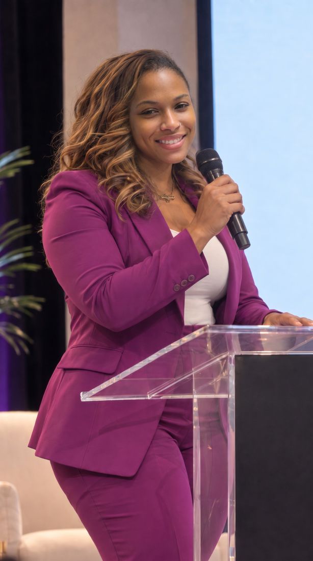 Dr. Gee smiling at a clear podium in a magenta suit, microphone in hand