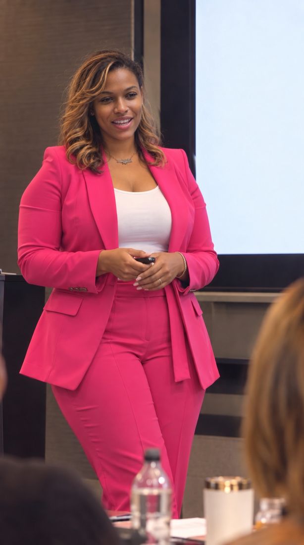 Dr. Gee in a pink suit presenting to the room