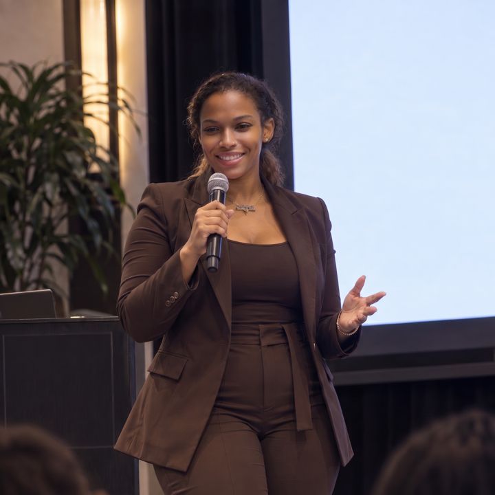 Dr. Gee in a brown suit speaking with a microphone