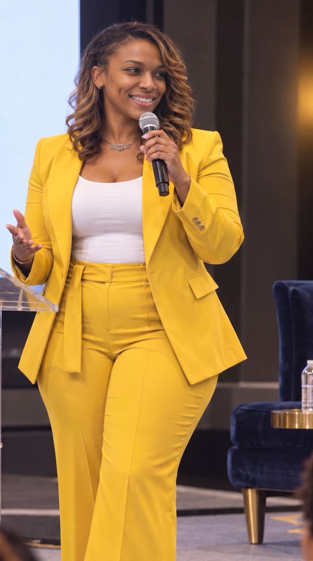 Dr. Gee in a yellow suit speaking with a microphone