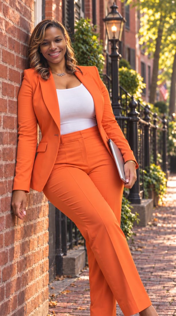 Dr. Gee in an orange suit leaning against a brick wall on a tree-lined street
