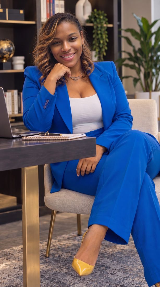 Dr. Gee in a cobalt blue suit seated at a desk in a library office