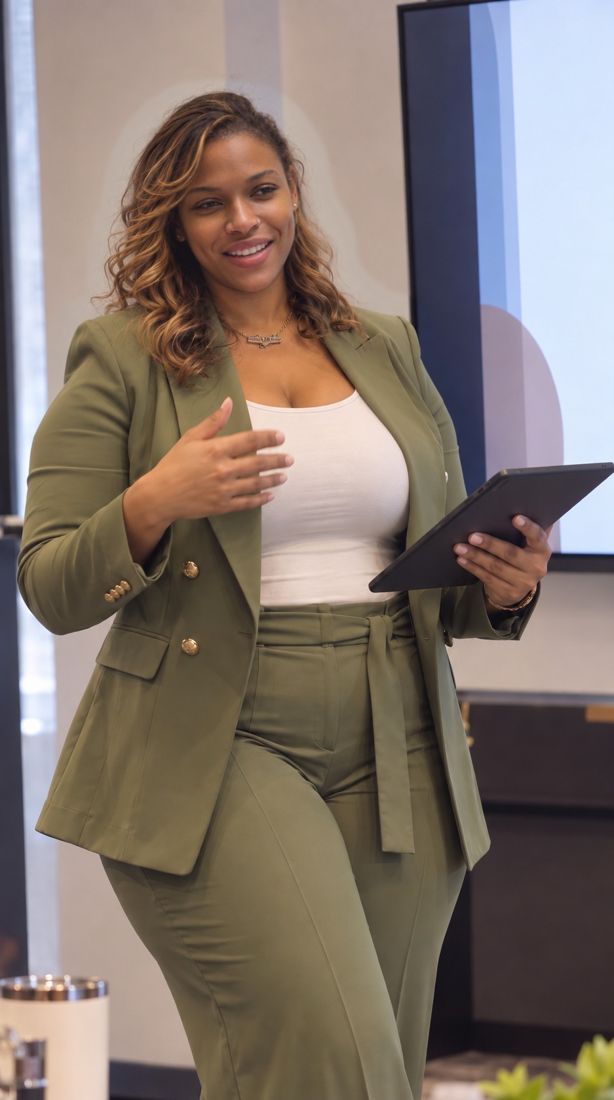 Dr. Gee in an olive suit gesturing to the audience while holding a tablet