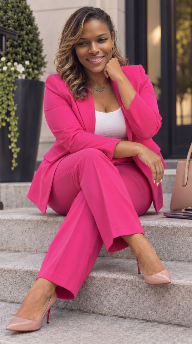 Dr. Gee in a pink suit seated on stone steps