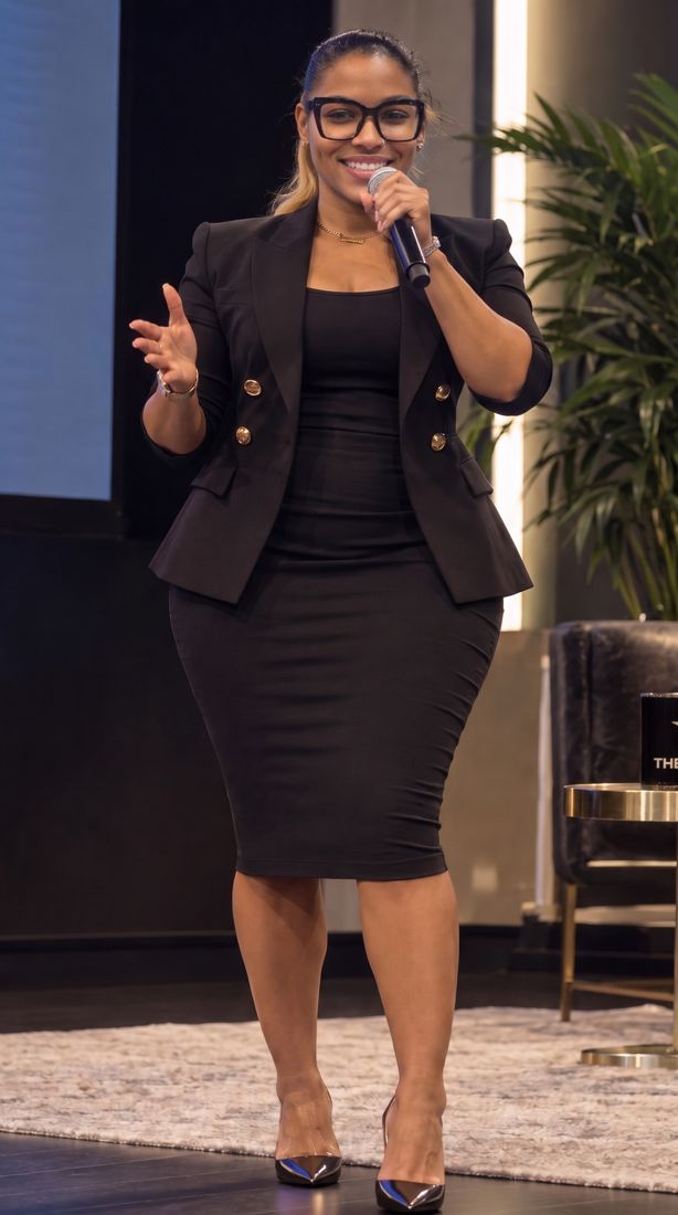 Dr. Gee in a black suit and glasses addressing the room
