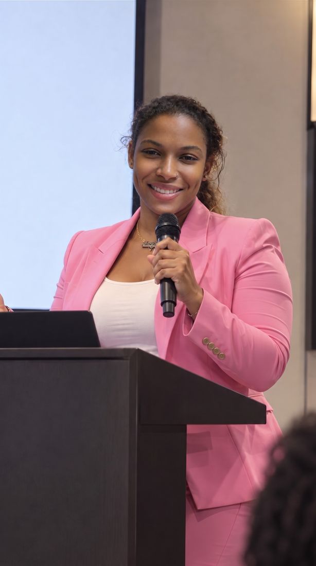 Dr. Gee smiling at a podium in a pink blazer