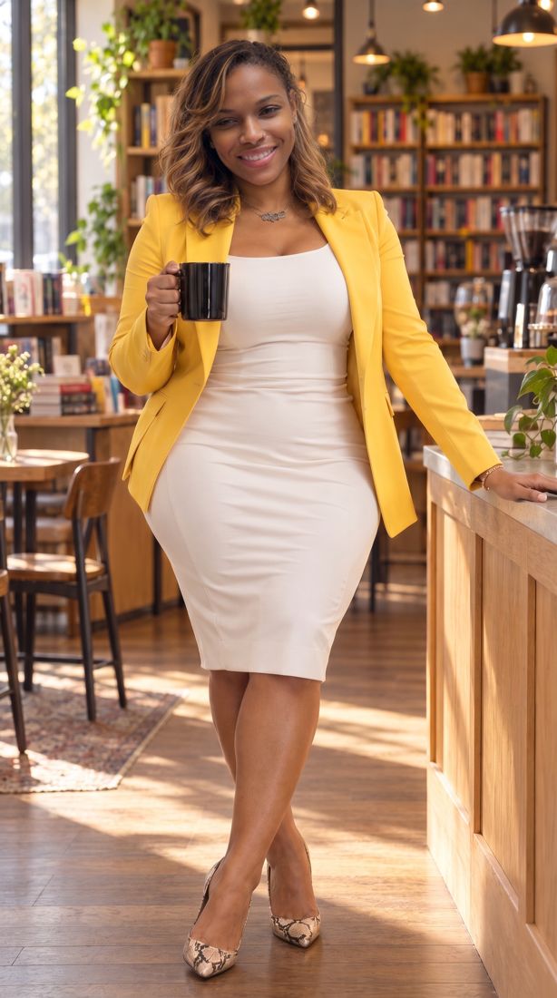 Dr. Gee in a yellow blazer with a coffee mug in a bookstore café