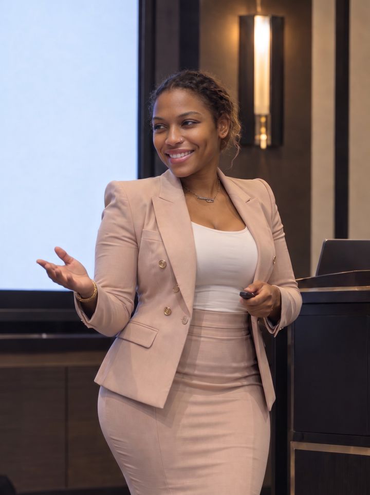 Dr. Gee presenting in a blush suit