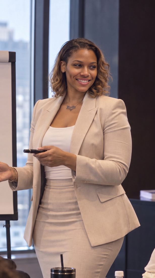 Dr. Gee in a blush suit presenting with a slide clicker by a city window